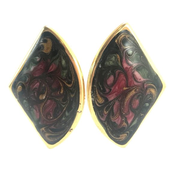 1980's Enamel Fan Earrings in Black & Gold Tone - Picture 1 of 3